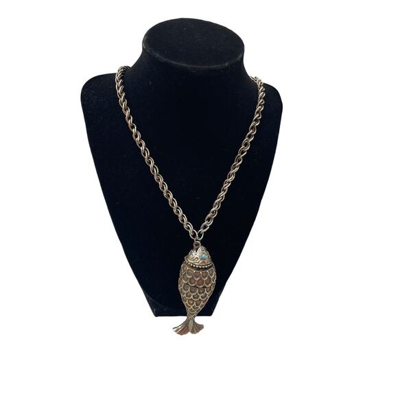 Vintage Articulated Fish Pendant Necklace Blue Eye
